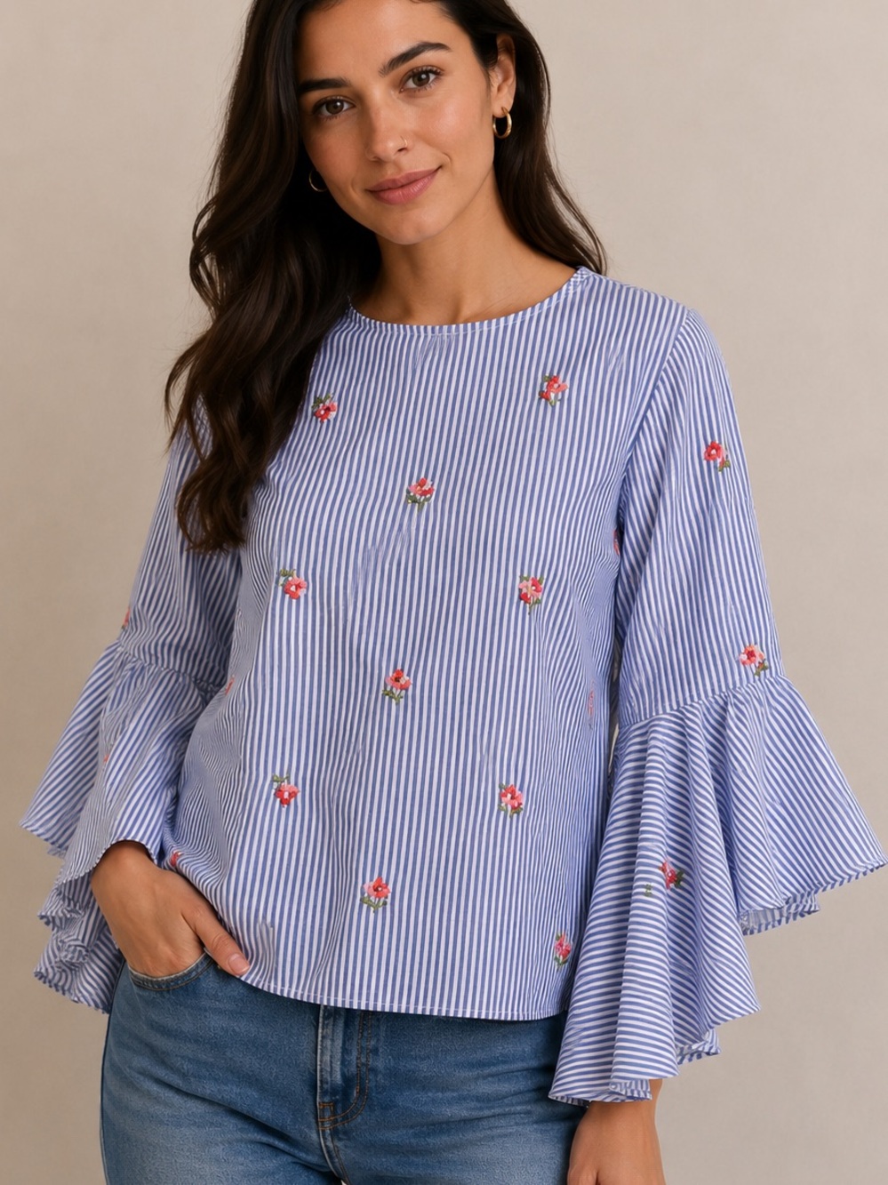 Kontrol Contemporary striped blouse with embroidered flowers & bell sleeves